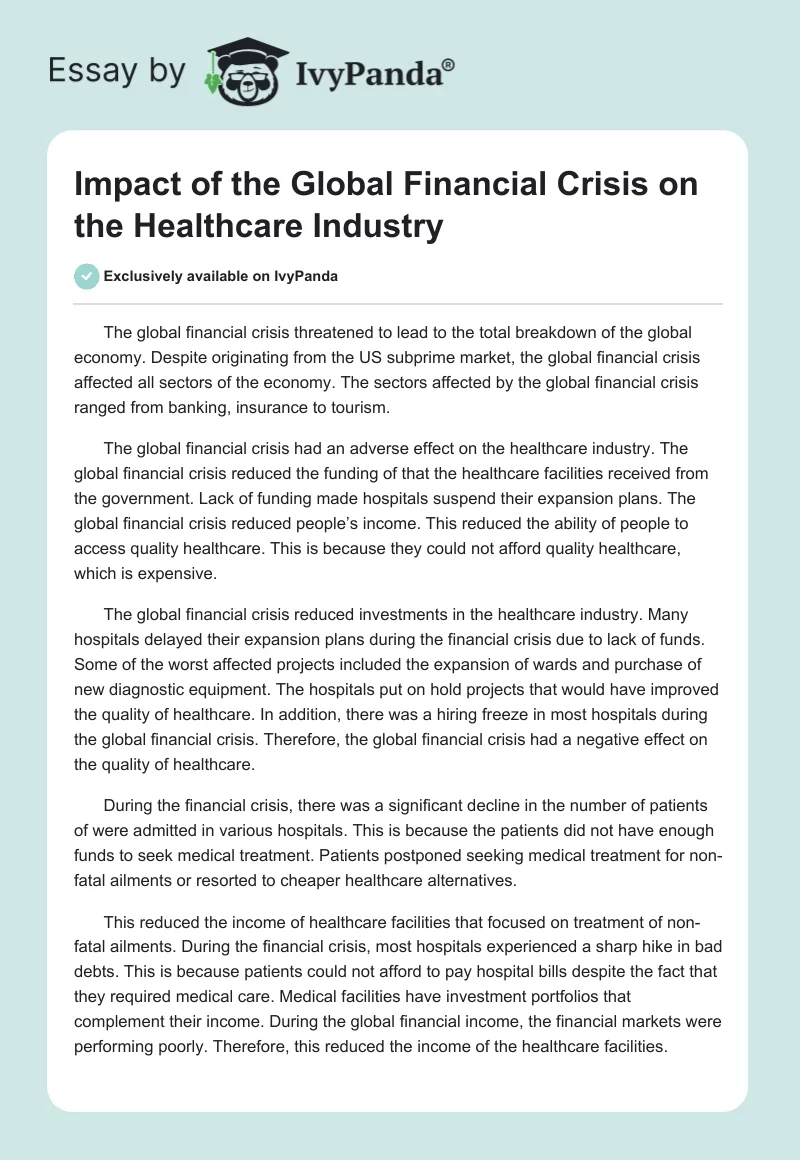 Impact of the Global Financial Crisis on the Healthcare Industry. Page 1