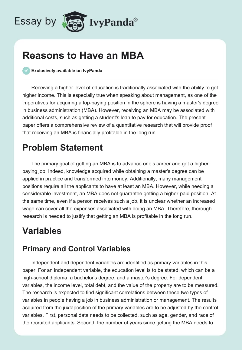 Reasons to Have an MBA. Page 1