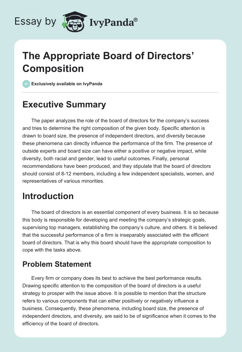 The Appropriate Board of Directors’ Composition. Page 1