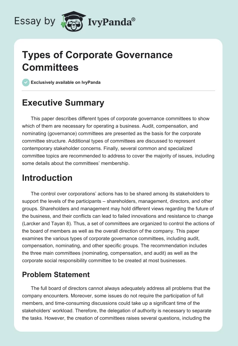 Types of Corporate Governance Committees. Page 1