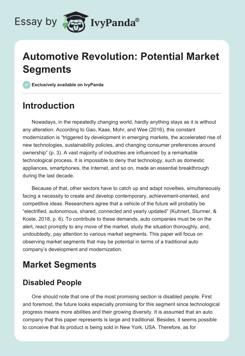 Automotive Revolution: Potential Market Segments. Page 1