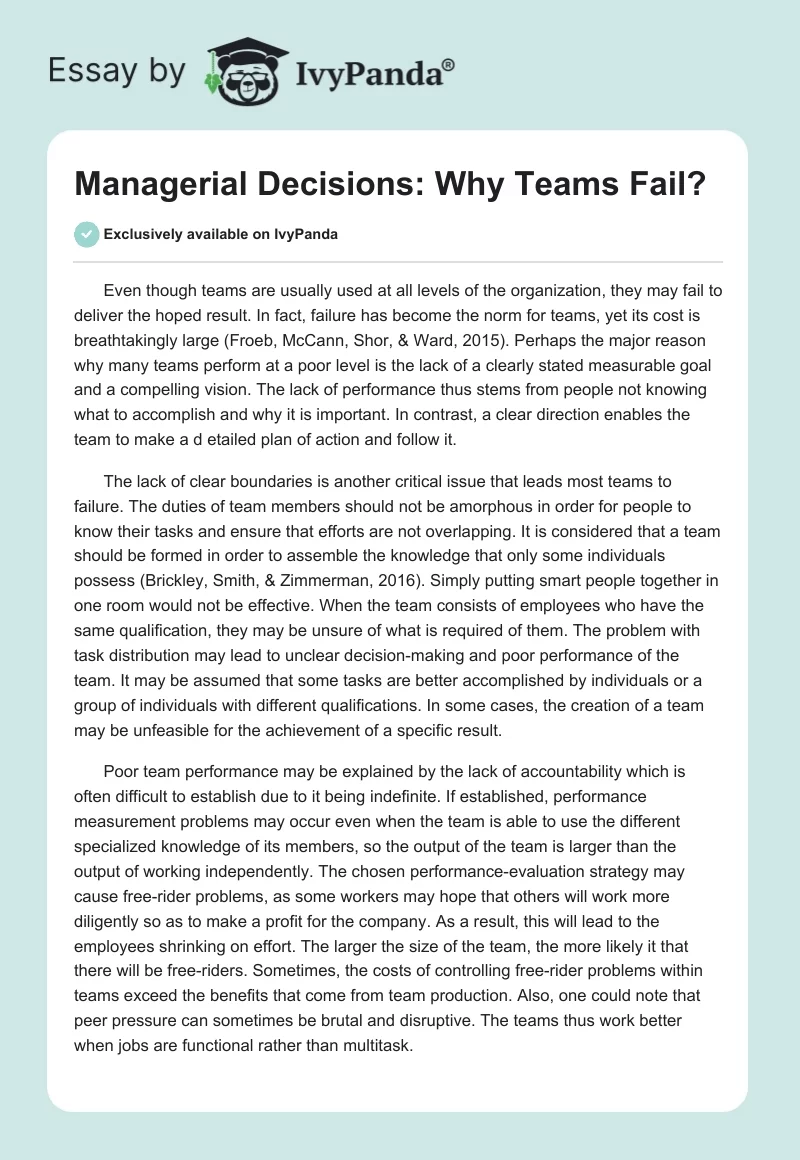 Managerial Decisions: Why Teams Fail?. Page 1