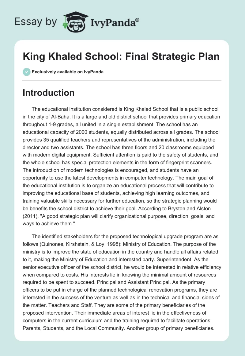King Khaled School: Final Strategic Plan. Page 1
