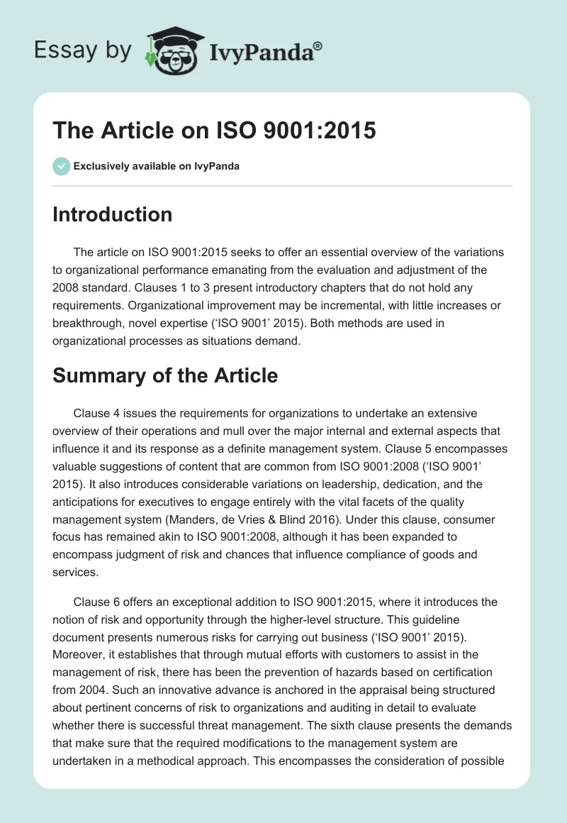 The Article on ISO 9001:2015. Page 1