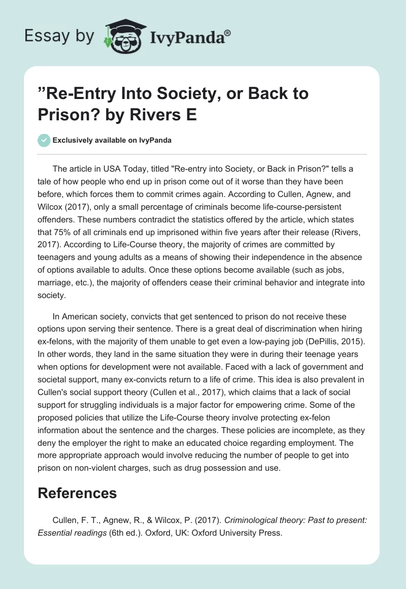 ”Re-Entry Into Society, or Back to Prison? by Rivers E. Page 1