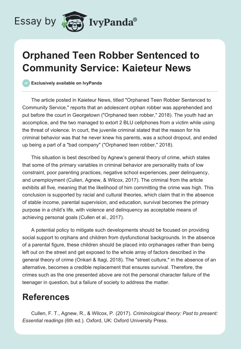 "Orphaned Teen Robber Sentenced to Community Service": Kaieteur News. Page 1