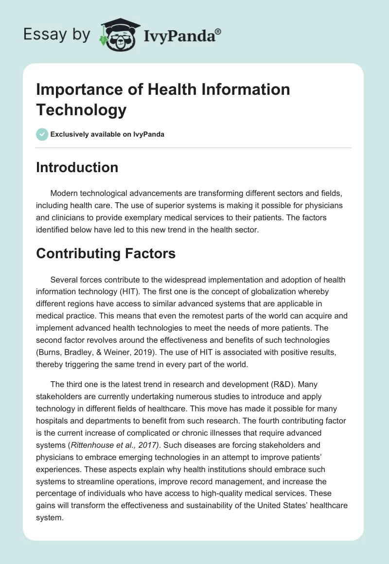 Importance of Health Information Technology. Page 1