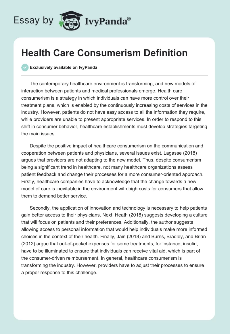 Health Care Consumerism Definition. Page 1