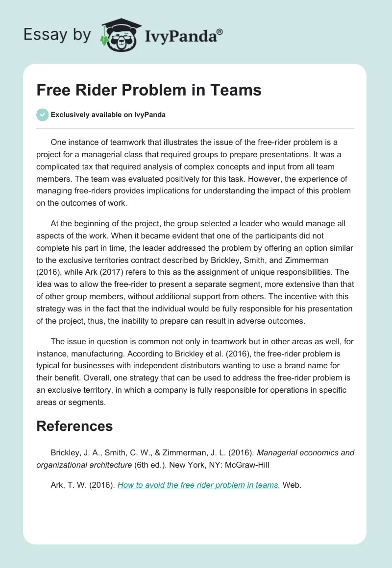 Free Rider Problem in Teams. Page 1