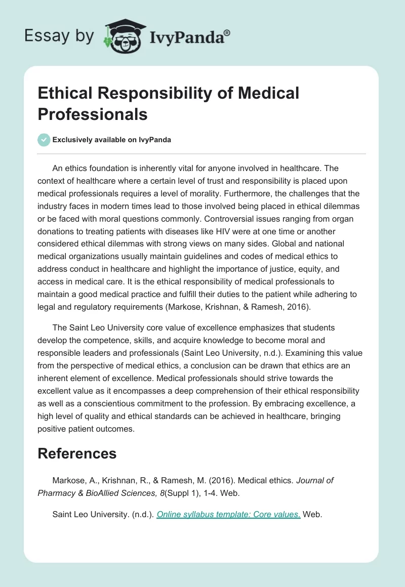 Ethical Responsibility of Medical Professionals. Page 1