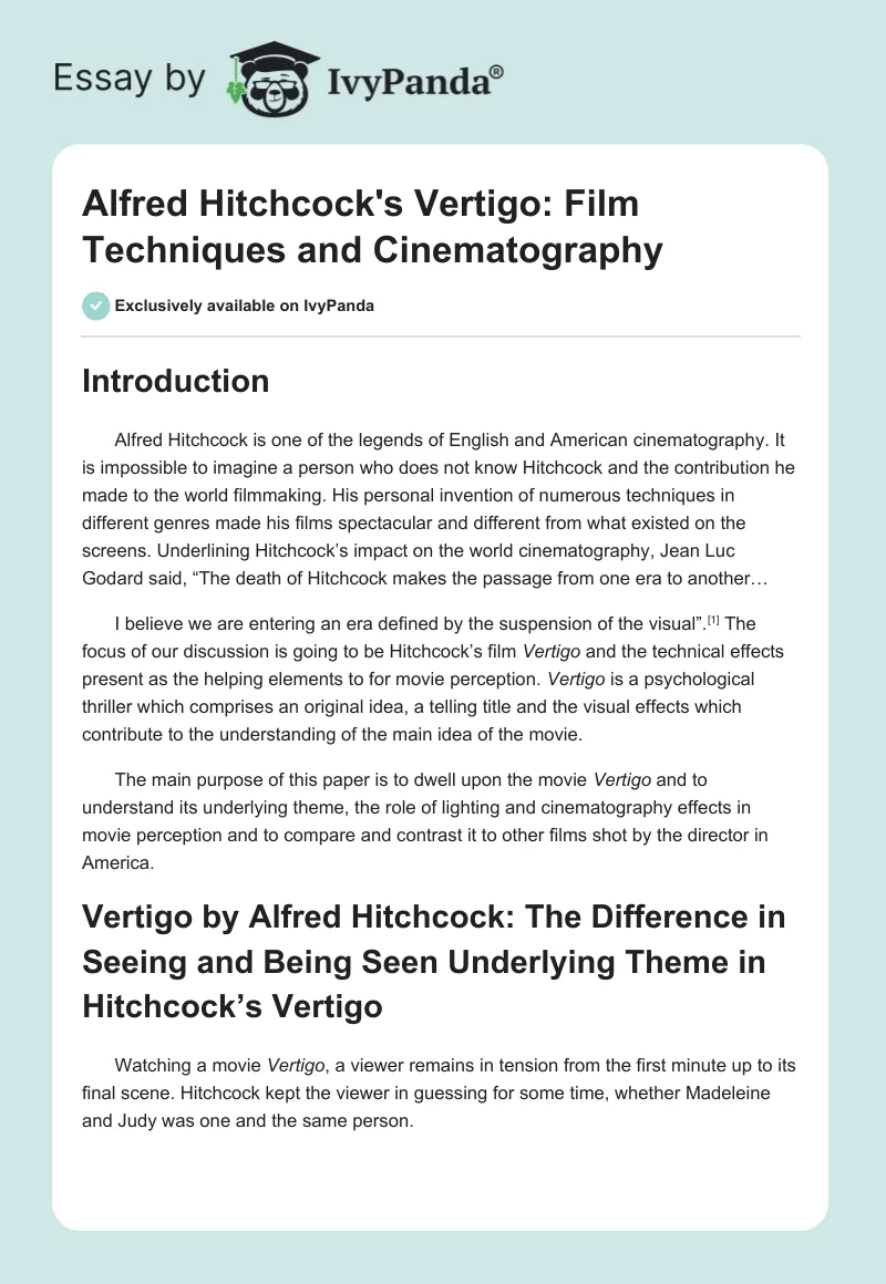 Alfred Hitchcock’s Vertigo: Film Techniques and Cinematography Critical Essay. Page 1