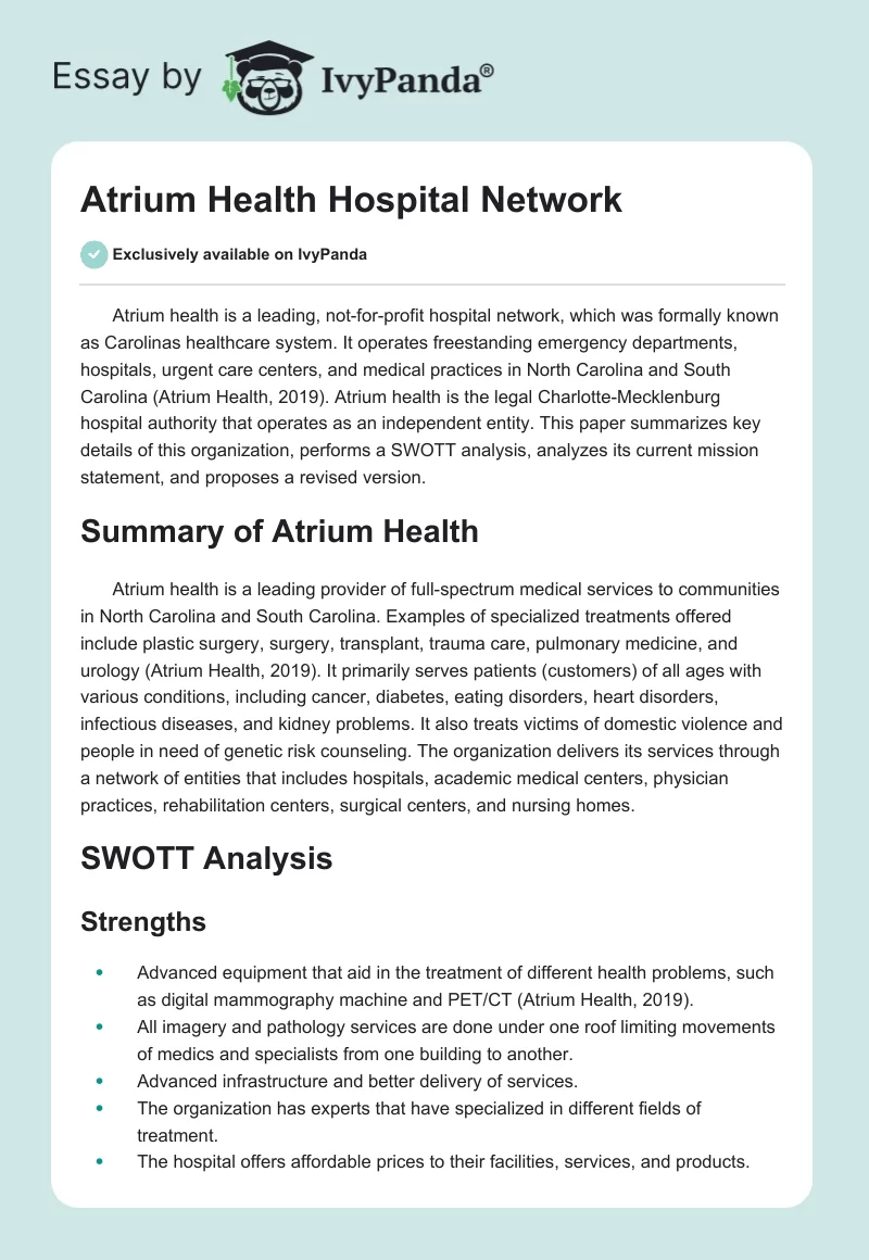 Atrium Health Hospital Network. Page 1