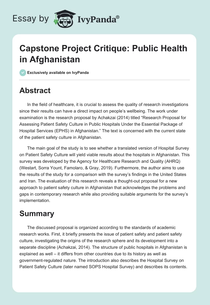 Capstone Project Critique: Public Health in Afghanistan. Page 1