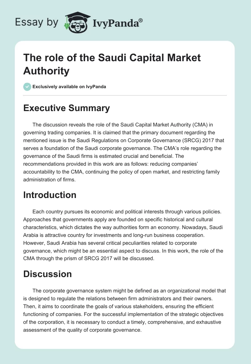 The role of the Saudi Capital Market Authority. Page 1
