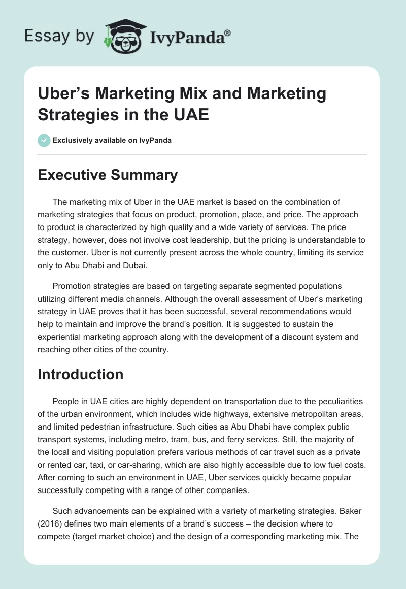 Uber’s Marketing Mix and Marketing Strategies in the UAE. Page 1
