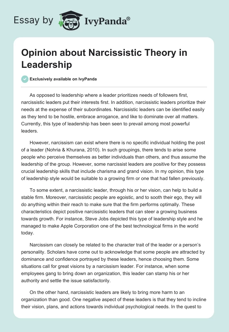 Opinion About Narcissistic Theory in Leadership. Page 1