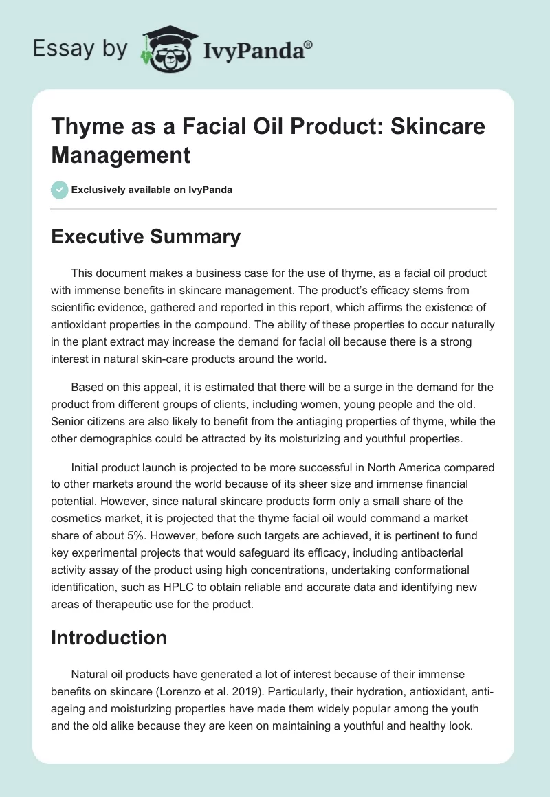 Thyme as a Facial Oil Product: Skincare Management. Page 1