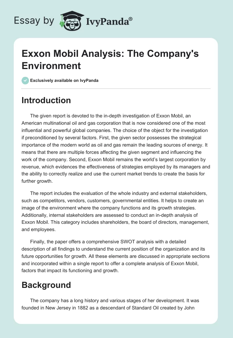 Exxon Mobil Analysis: The Company's Environment. Page 1