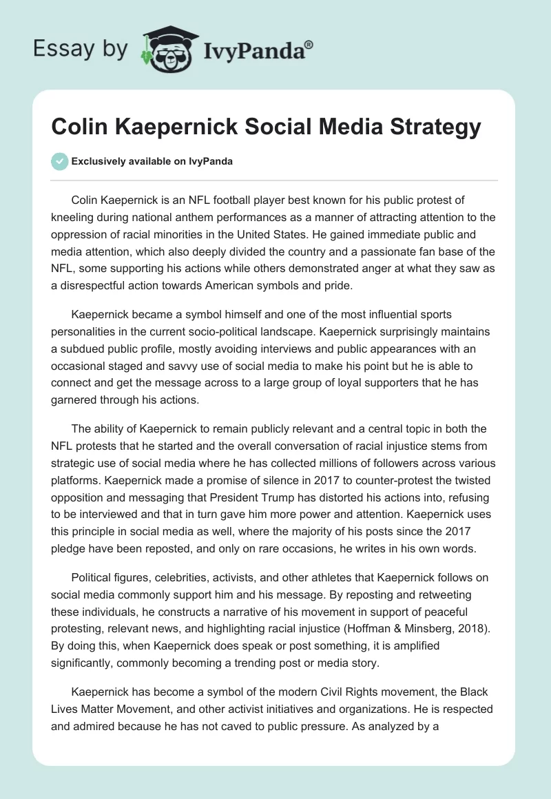 Colin Kaepernick Social Media Strategy. Page 1