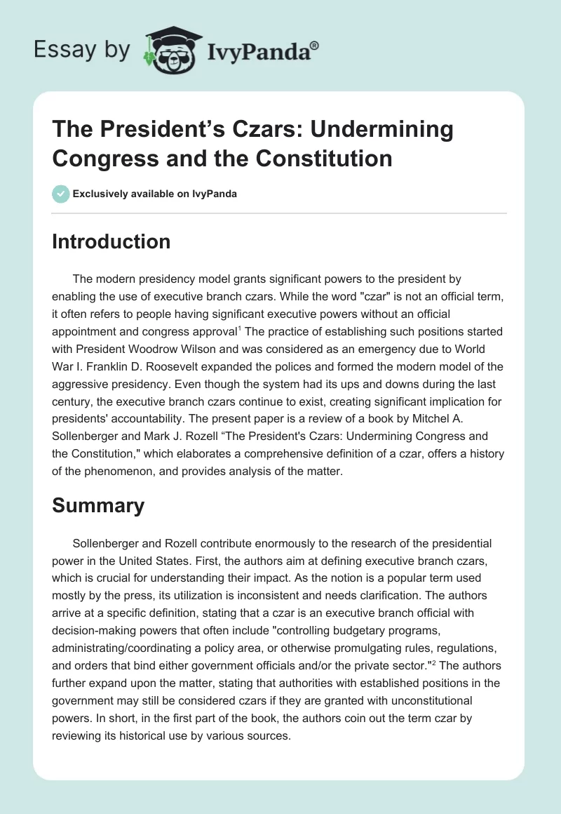 The President’s Czars: Undermining Congress and the Constitution. Page 1