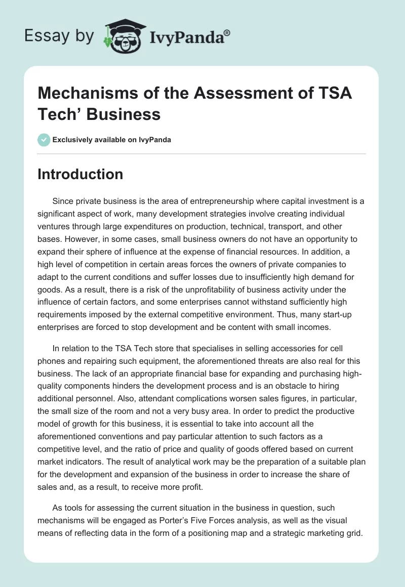 Mechanisms of the Assessment of TSA Tech’ Business. Page 1