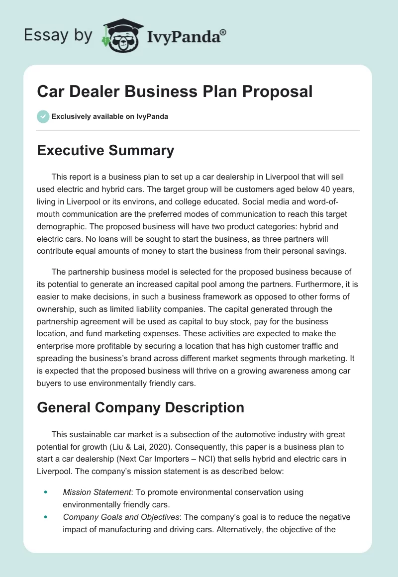Car Dealer Business Plan Proposal. Page 1