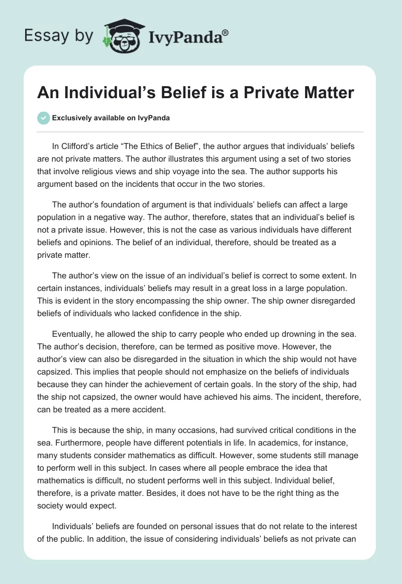 An Individual’s Belief is a Private Matter. Page 1