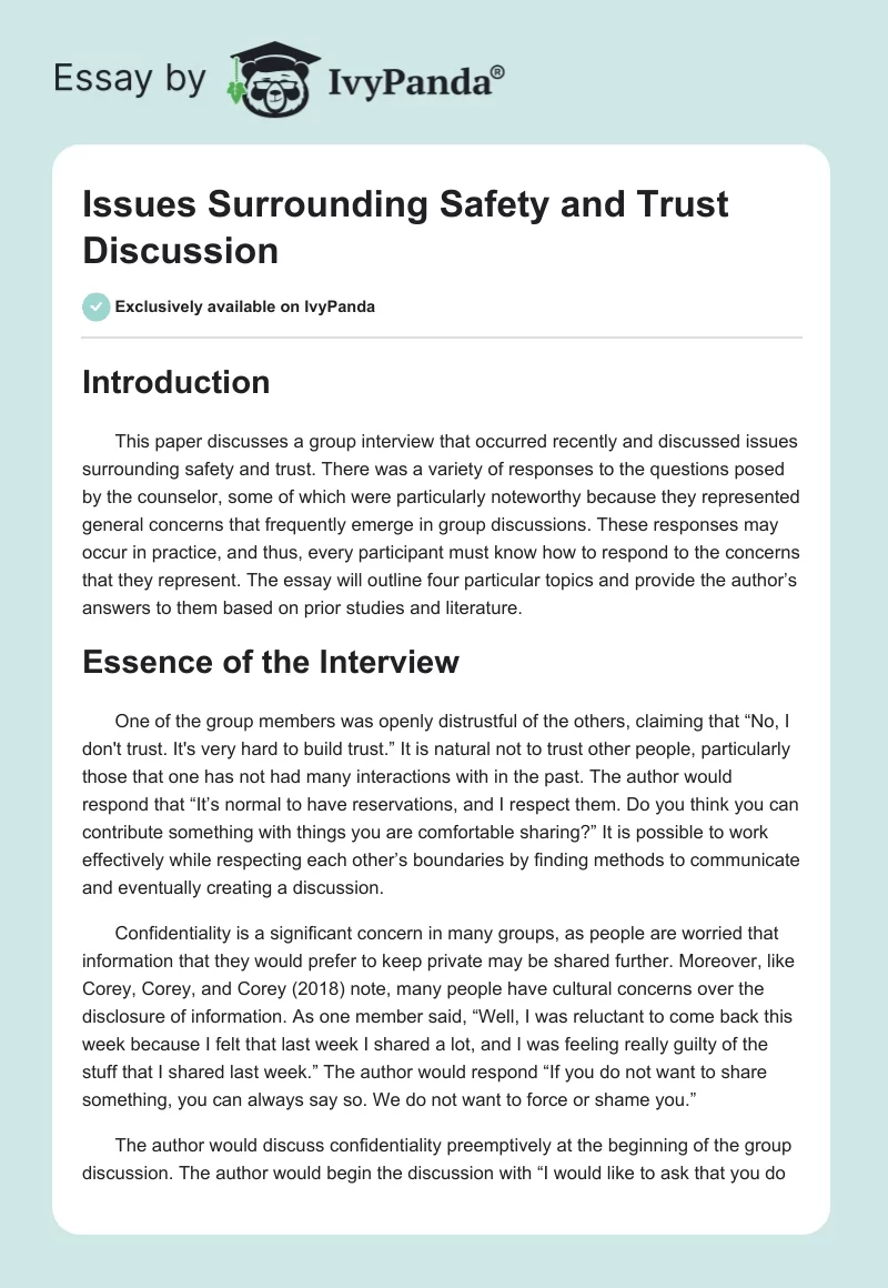 Issues Surrounding Safety and Trust Discussion. Page 1