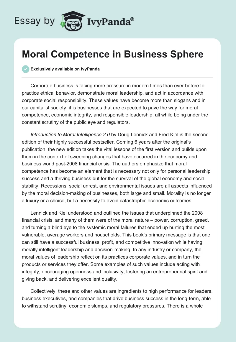 Moral Competence in Business Sphere. Page 1