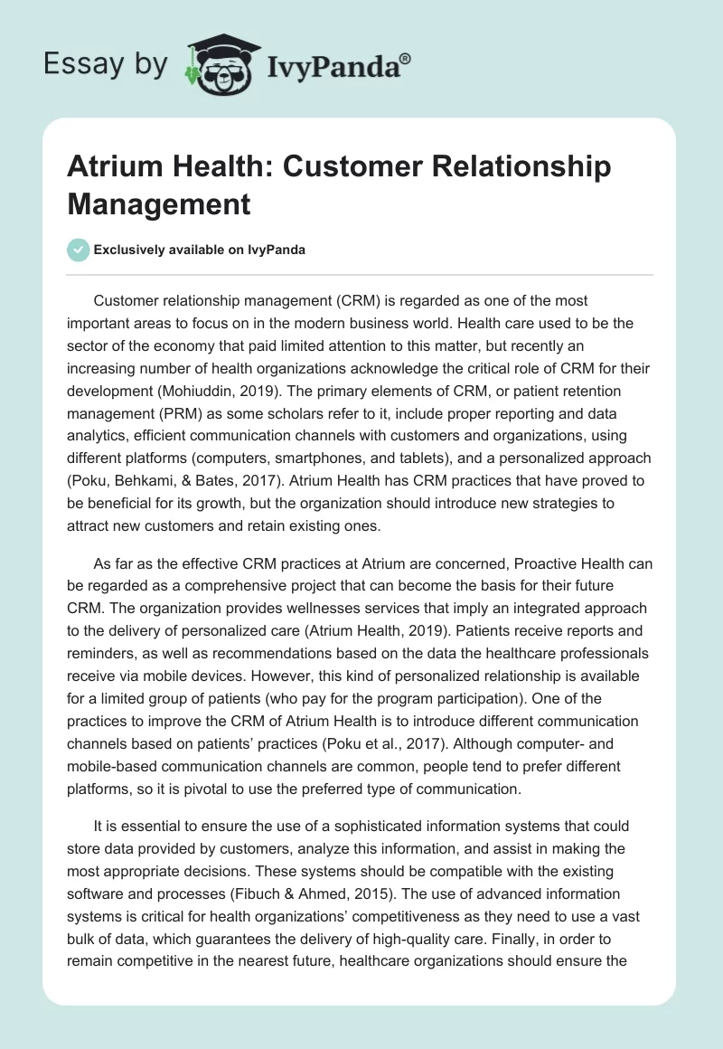Atrium Health: Customer Relationship Management. Page 1