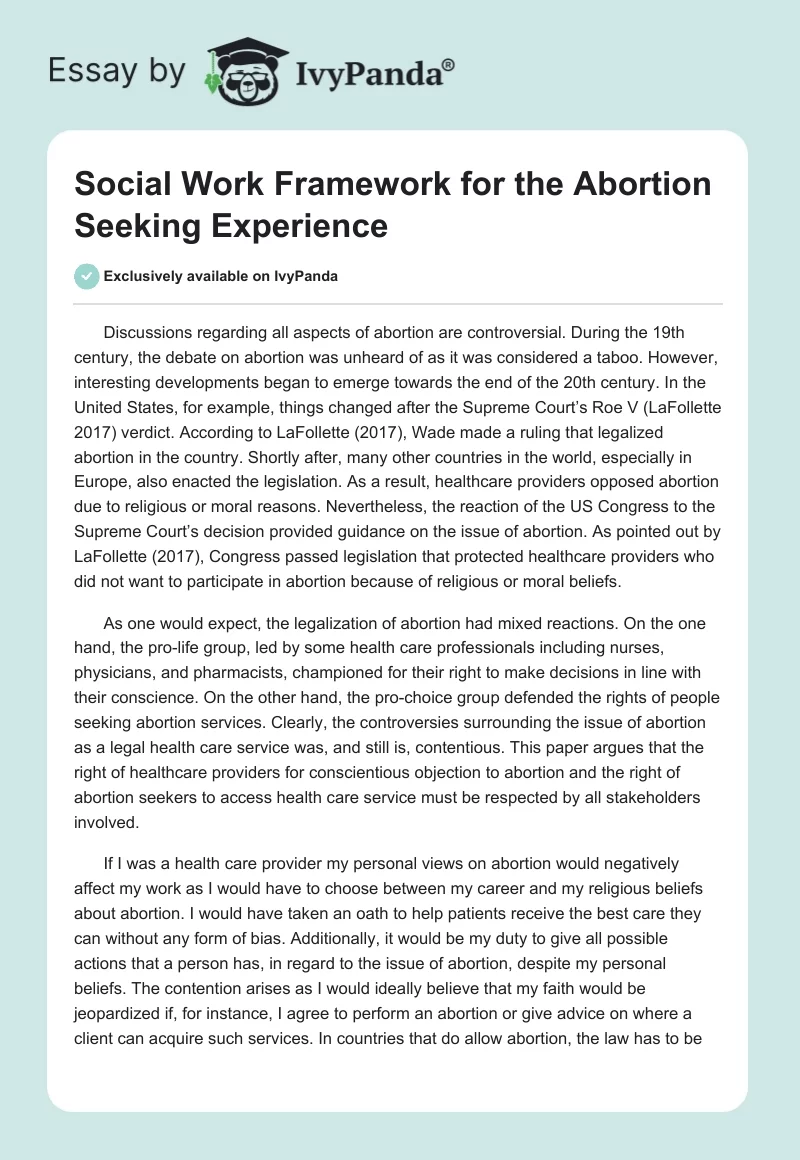 Social Work Framework for the Abortion Seeking Experience. Page 1