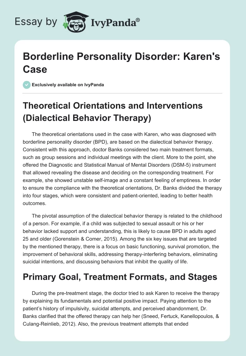Borderline Personality Disorder: Karen's Case. Page 1