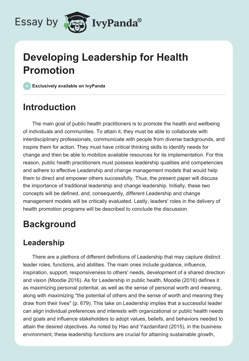 Developing Leadership for Health Promotion. Page 1