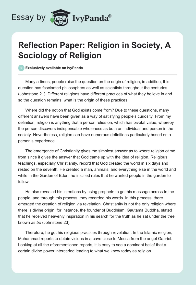 Religion in Society: Sociology of Religion - Reflection Paper. Page 1