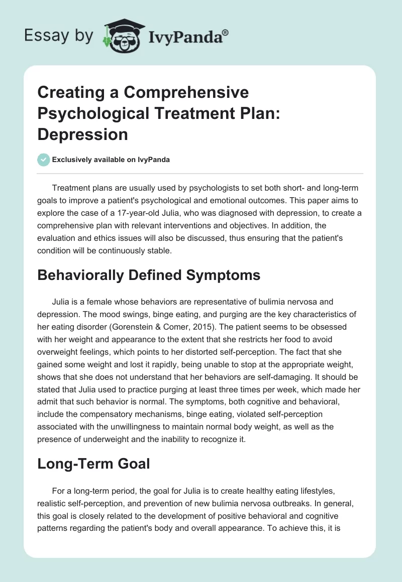 Creating a Comprehensive Psychological Treatment Plan: Depression. Page 1