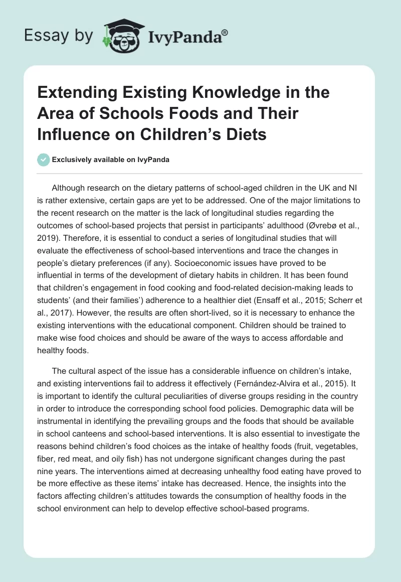 Extending Existing Knowledge in the Area of Schools Foods and Their Influence on Children’s Diets. Page 1