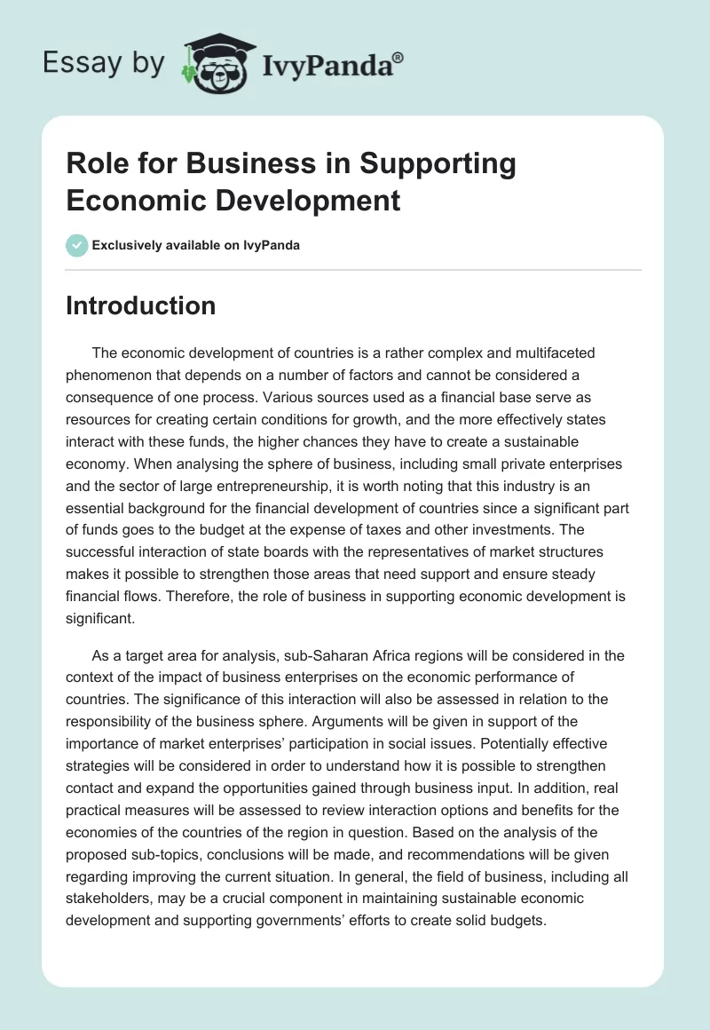 Role for Business in Supporting Economic Development. Page 1