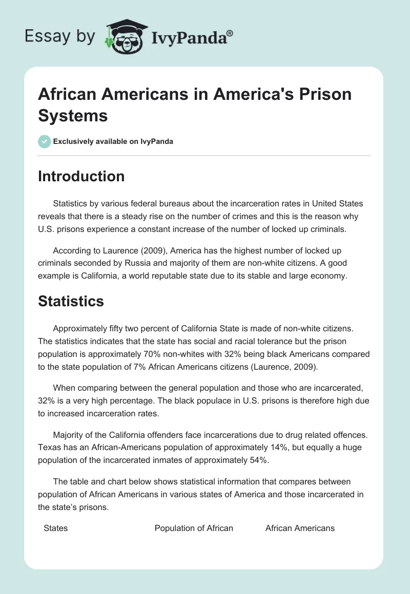 African Americans in America's Prison Systems. Page 1