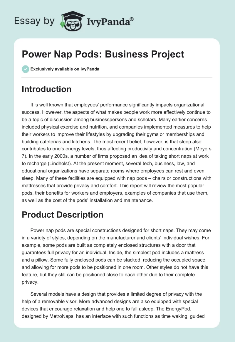 Power Nap Pods: Business Project. Page 1