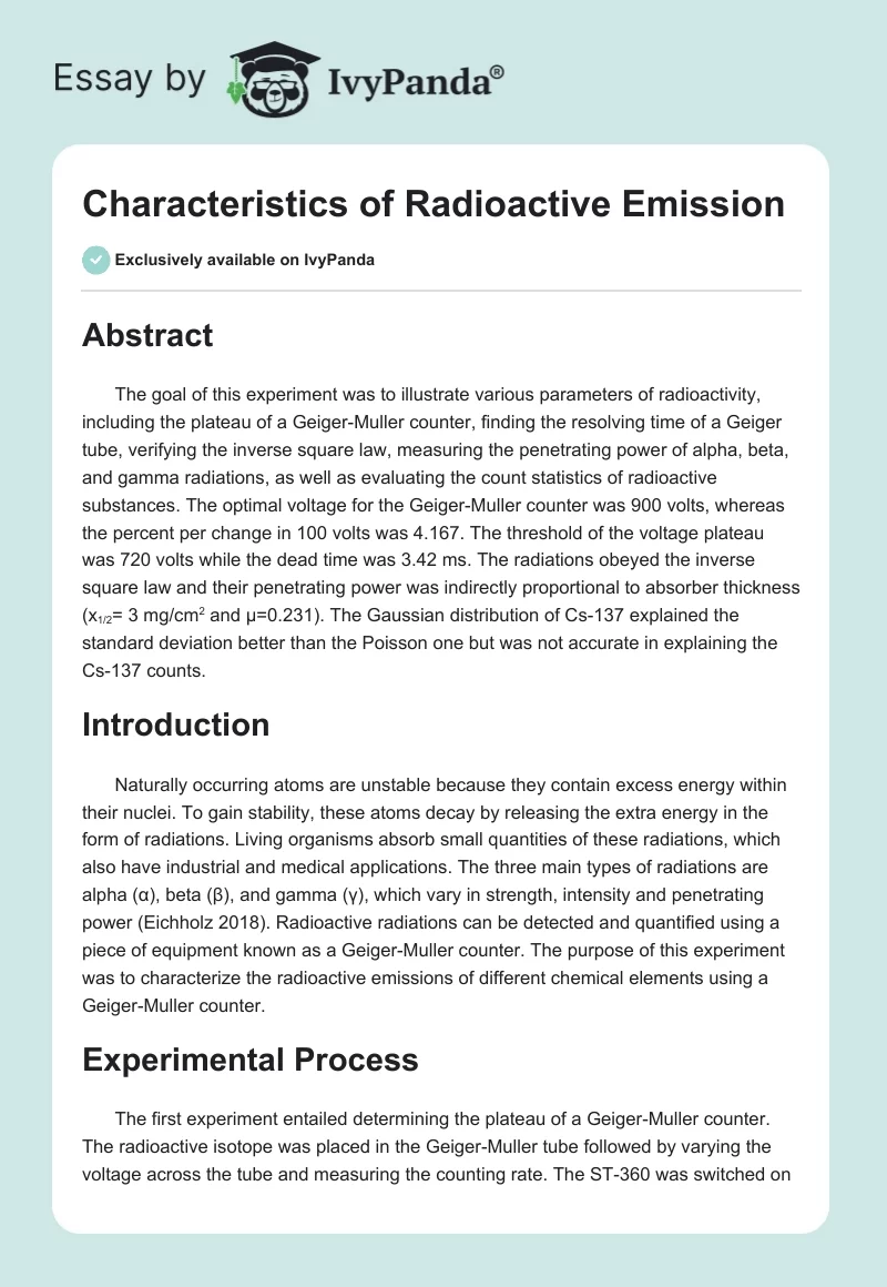 Characteristics of Radioactive Emission. Page 1