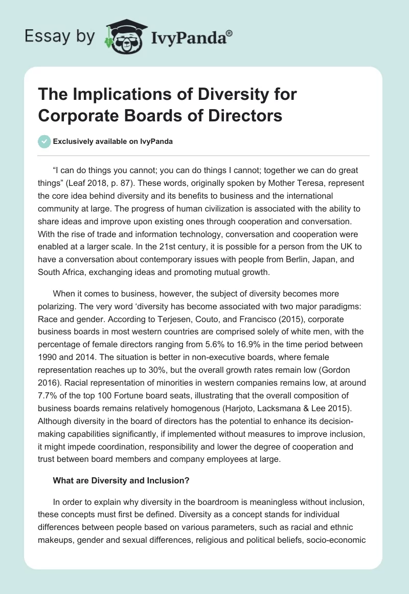The Implications of Diversity for Corporate Boards of Directors. Page 1