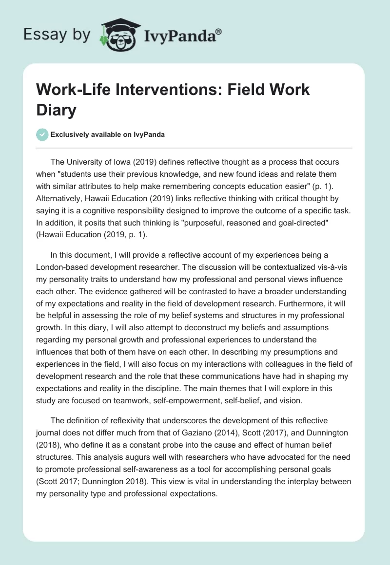 Work-Life Interventions: Field Work Diary. Page 1