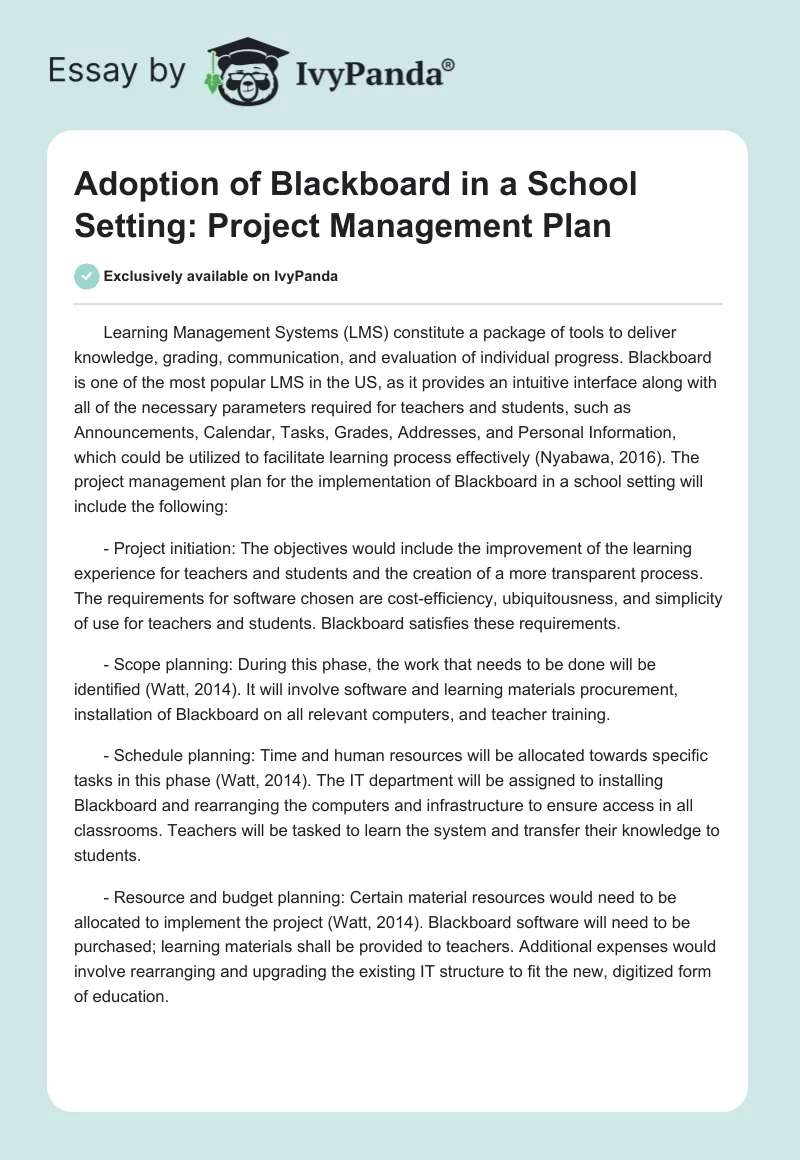 Adoption of Blackboard in a School Setting: Project Management Plan. Page 1