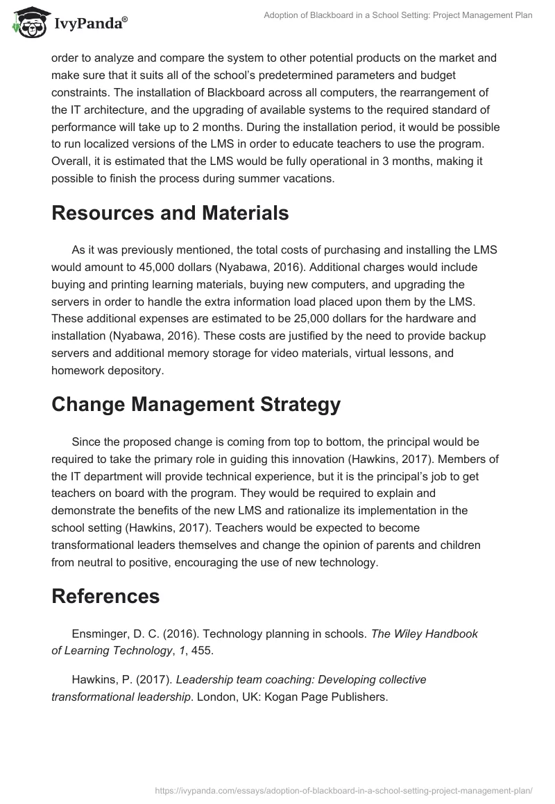 Adoption of Blackboard in a School Setting: Project Management Plan. Page 3