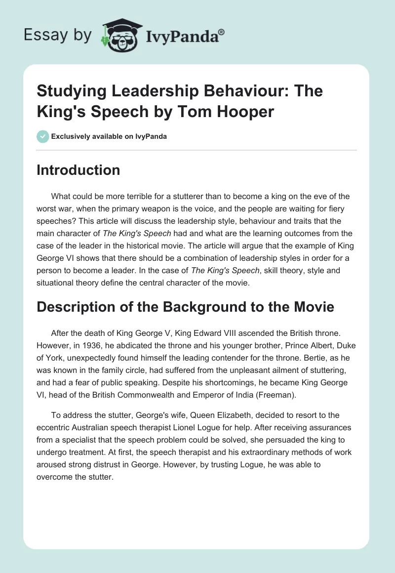 Studying Leadership Behaviour: "The King's Speech" by Tom Hooper. Page 1