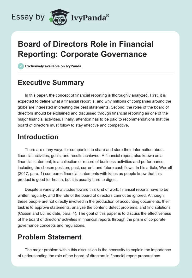 Board of Directors Role in Financial Reporting: Corporate Governance. Page 1