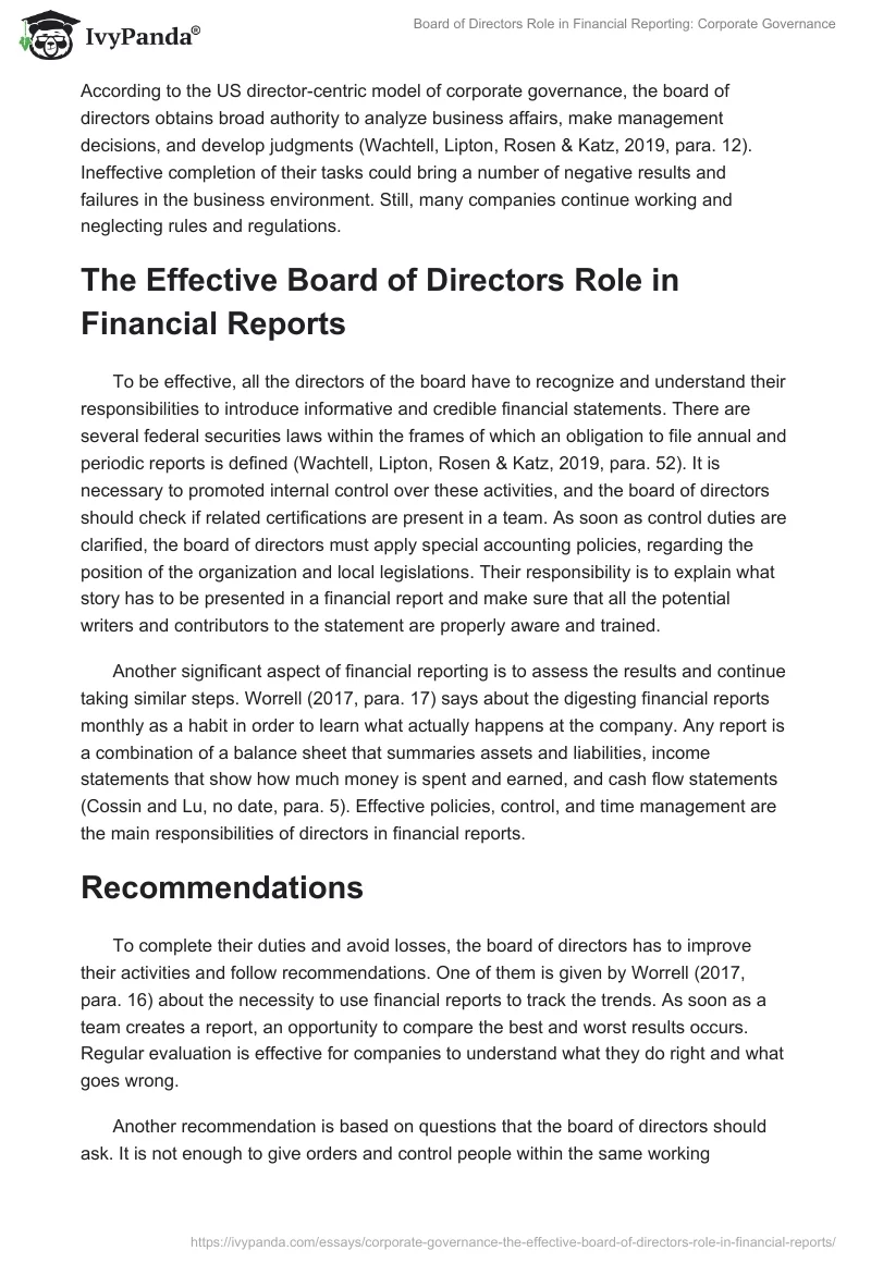 Board of Directors Role in Financial Reporting: Corporate Governance. Page 2