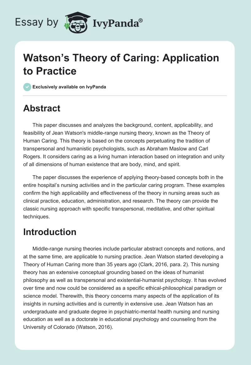 Watson’s Theory of Caring: Application to Practice. Page 1