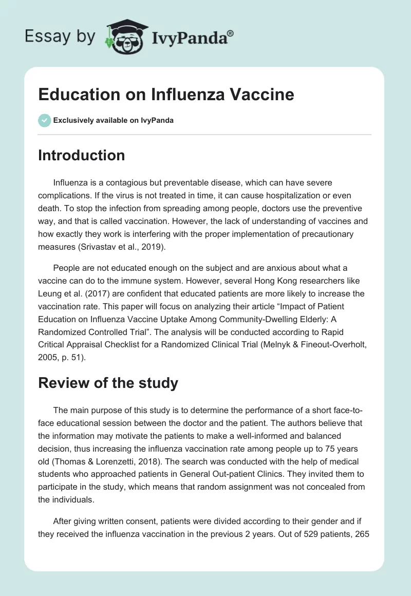 Education on Influenza Vaccine. Page 1