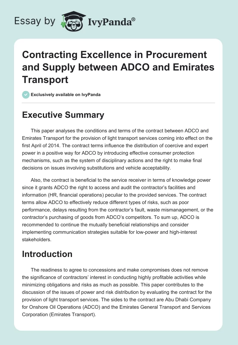 Contracting Excellence in Procurement and Supply Between ADCO and Emirates Transport. Page 1